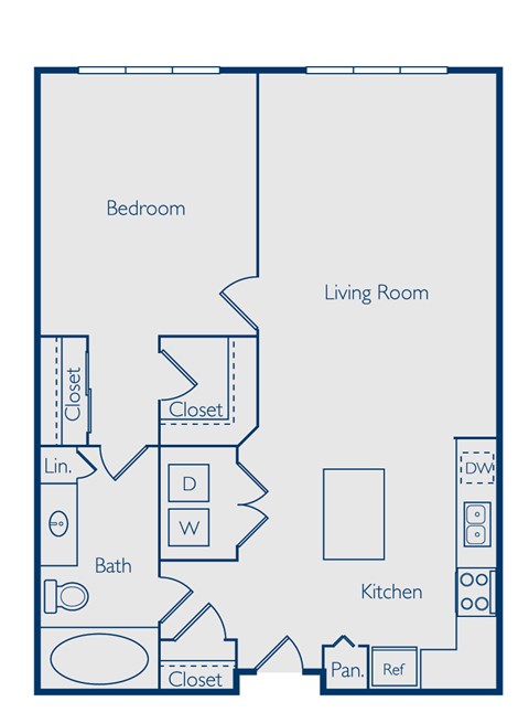Floor plan for 1 bed, 1 bath, 798 sqft